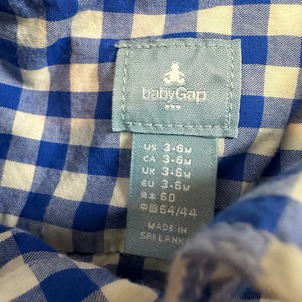 Baby Gap Shrt Blue White Gingham Check Button Down Collared Shirt Boy 3-6 Months